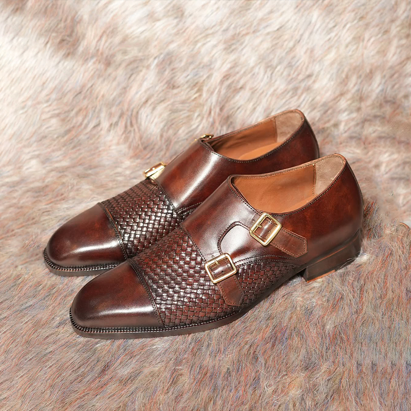 Majestic Woven Double Monk Dress Shoes In Chisel Toe Shape With Leather Sole