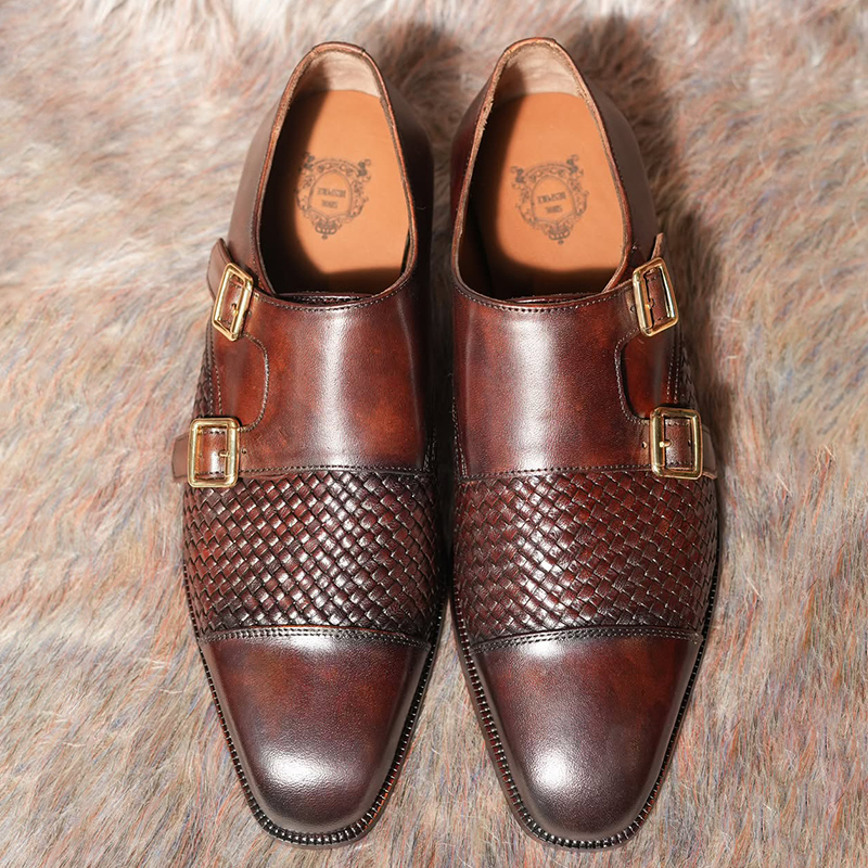 Majestic Woven Double Monk Dress Shoes In Chisel Toe Shape With Leather Sole