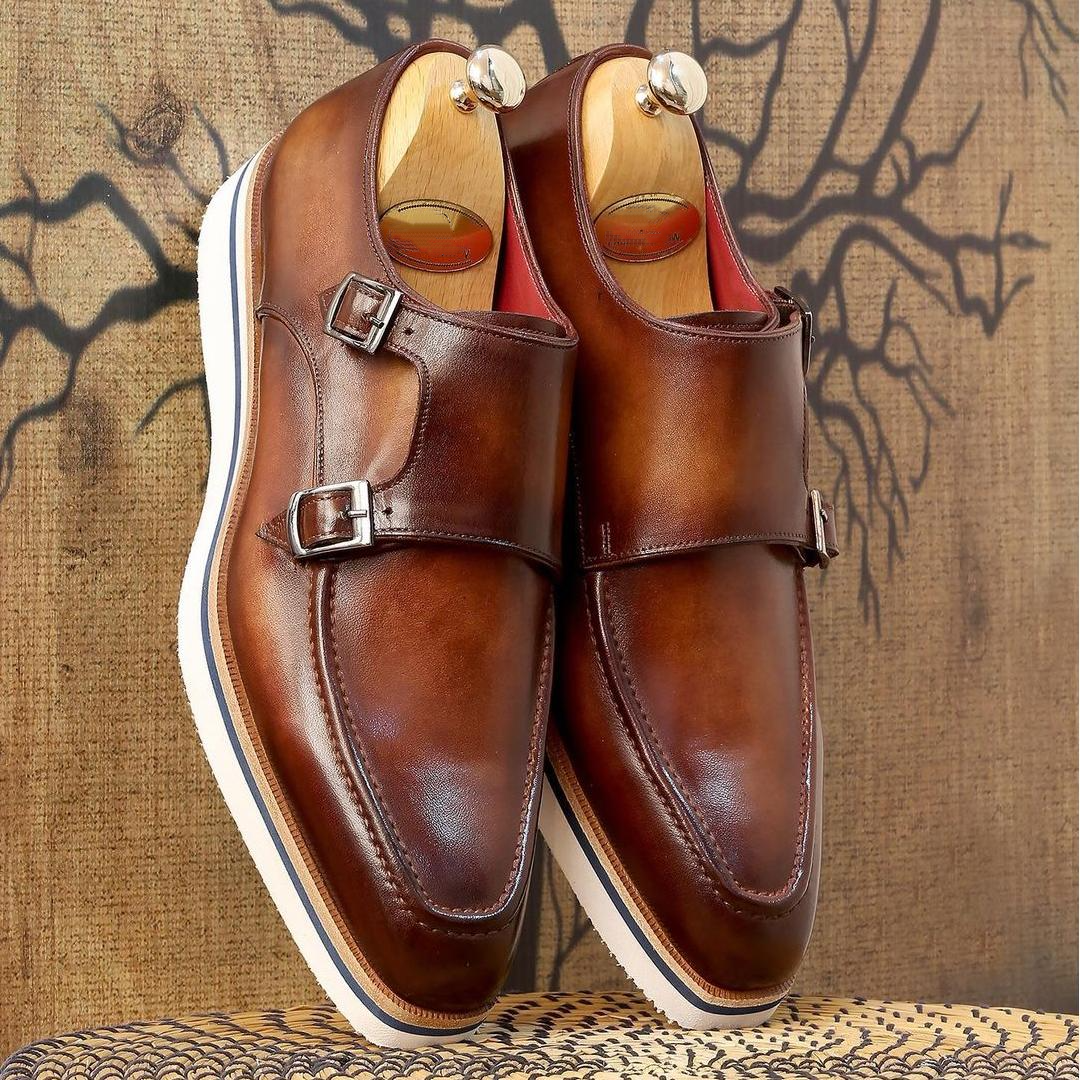 Men's Smart Casual Monkstrap Shoes Brown Leather