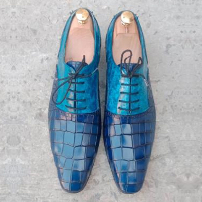 Handmade Blue Crocodile Leather Oxford Dress Shoes Goodyear Welted