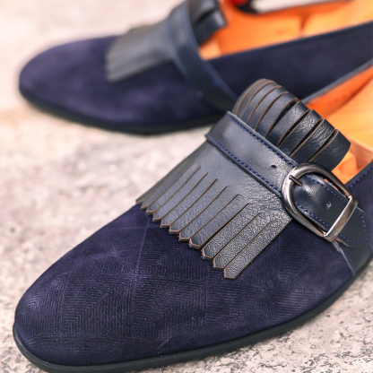 Crafted In Deep Navy Suede Leather With Bold Kiltie And A Single Monk Strap