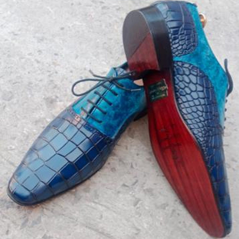 Handmade Blue Crocodile Leather Oxford Dress Shoes Goodyear Welted