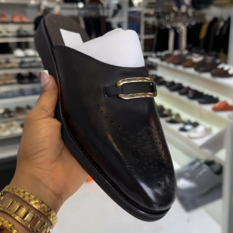 Men's Black Calfskin Perforated Half Slippers