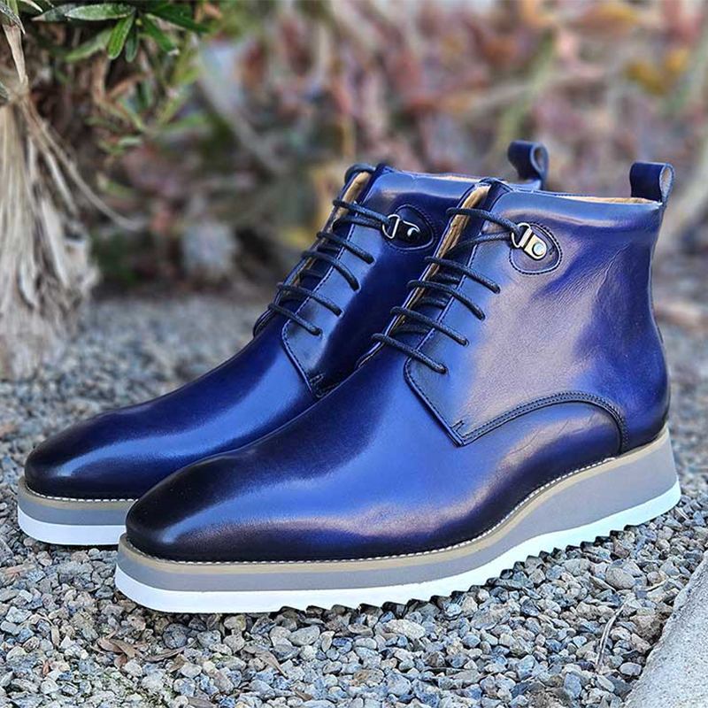 Carrucci Blue Burnished Calfskin Lace-Up Men's Boot Genuine Leather