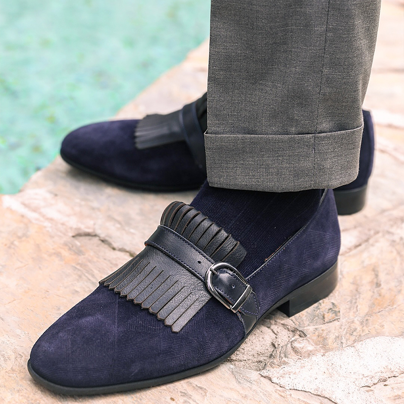 Crafted In Deep Navy Suede Leather With Bold Kiltie And A Single Monk Strap