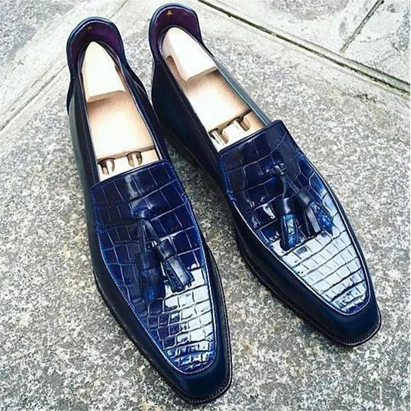 Handmade Men Navy Blue Crocodile Shoes, Crocodile Textured Leather For Men's