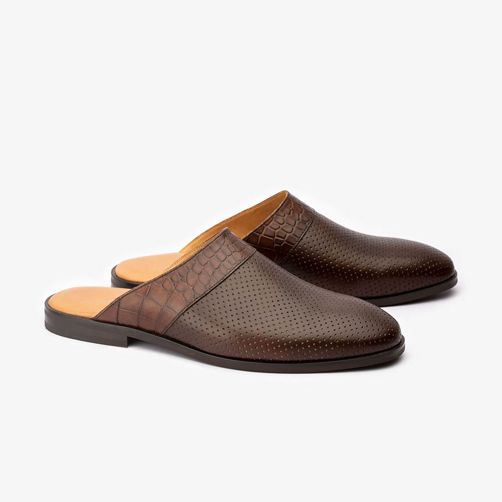 Brown Perforated Mule With Croco Detail