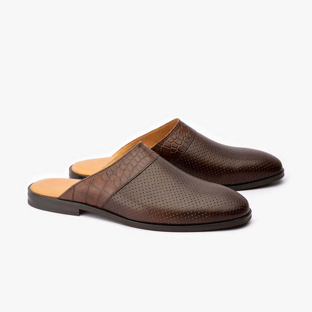 Brown Perforated Mule With Croco Detail