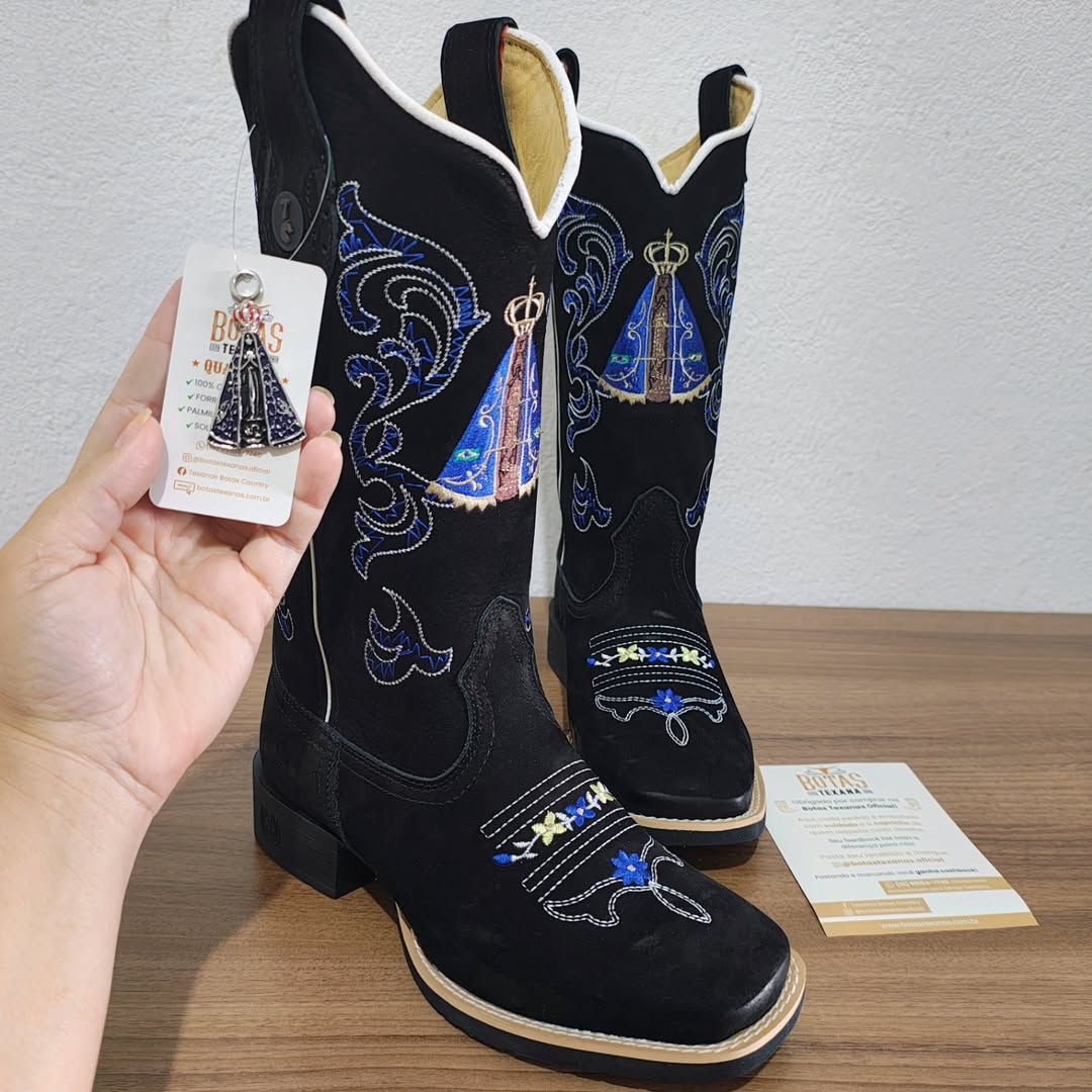 Women's Black Western Boots In Embroidered Blue Leather By Aparecida