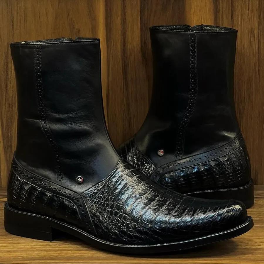 Men's Crocodile-Print Handmade Leather Boots