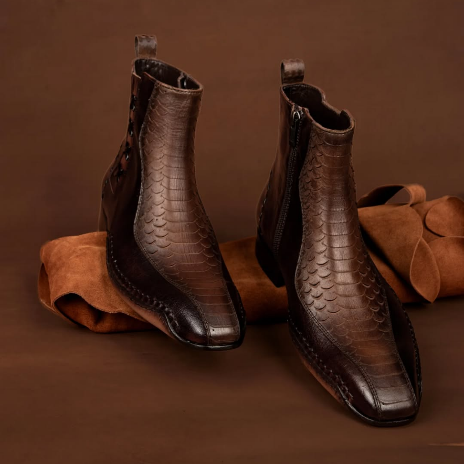 Genuine Piton And Buffalo Leather Brown Opanka Boots