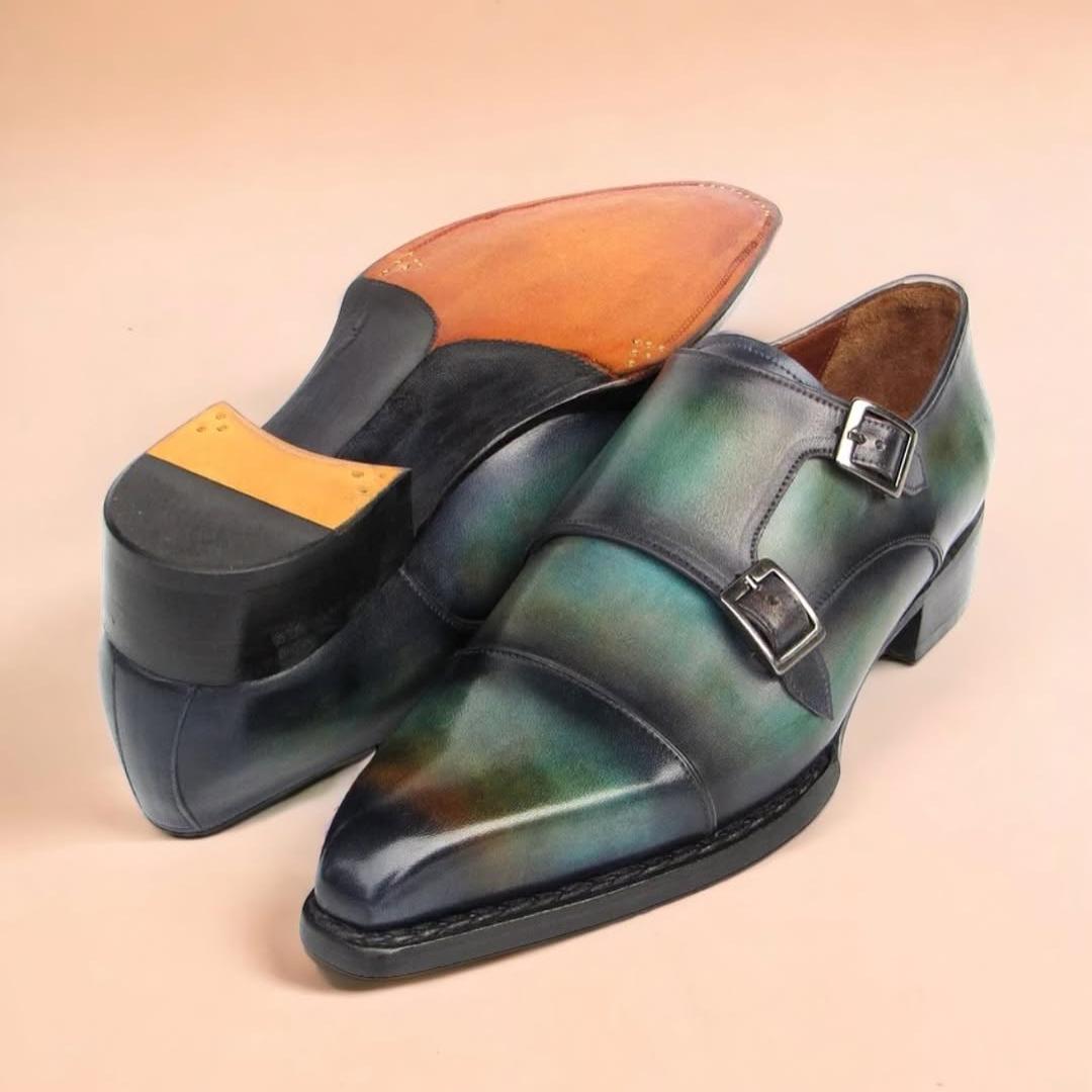Men’s Cap Toe Double Monkstrap Shoes Green & Blue Patina