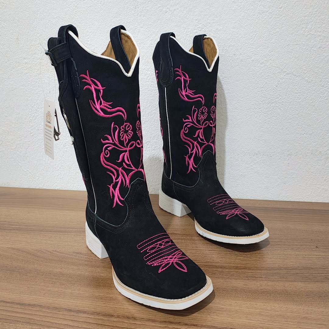 Women's Black Western Boots In Embroidered Blue Leather By Aparecida