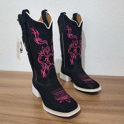 Women's Black Western Boots In Embroidered Blue Leather By Aparecida