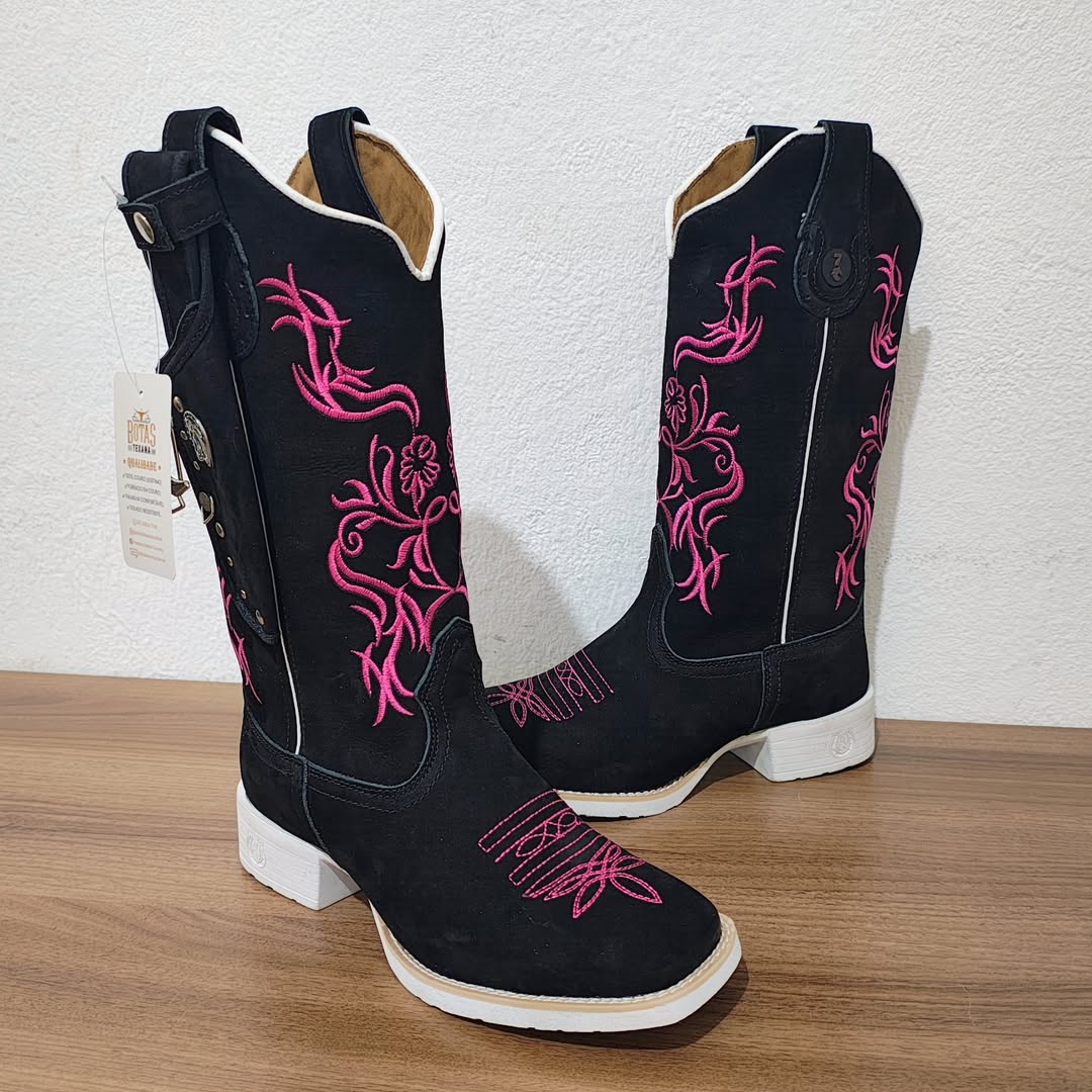 Women's Black Western Boots In Embroidered Blue Leather By Aparecida