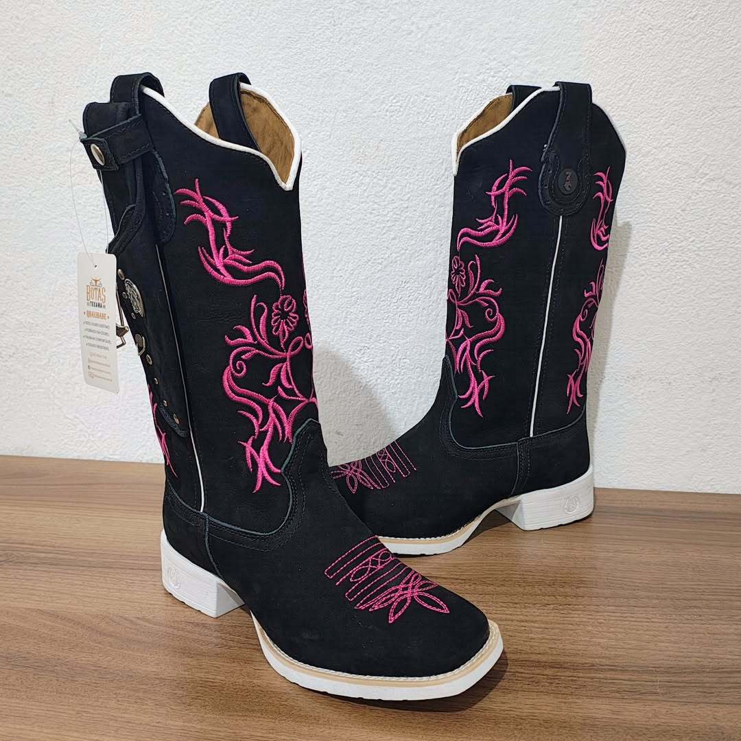 Women's Black Western Boots In Embroidered Blue Leather By Aparecida