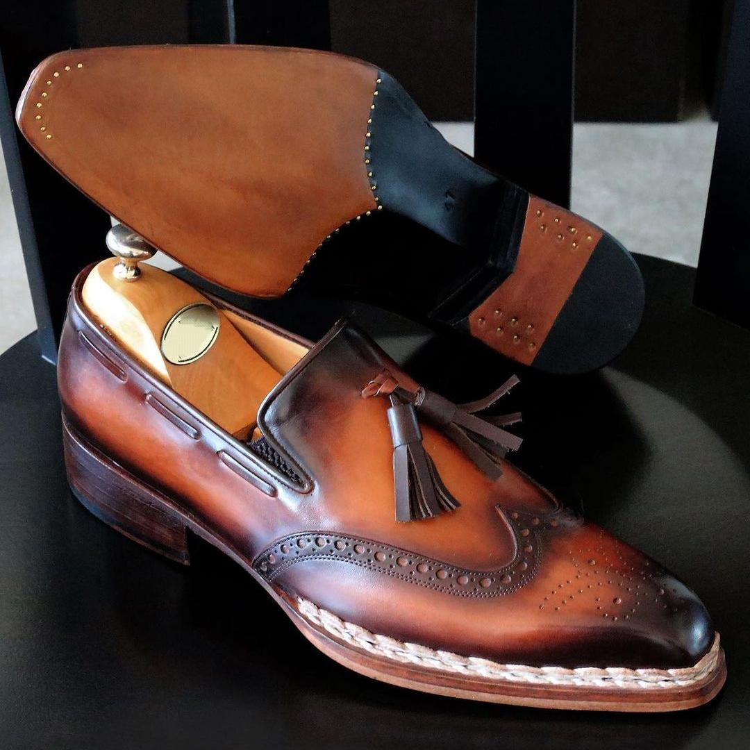 Norwegian Welted Tassel Loafers Brown Burnished.
