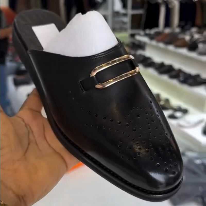 Men's Black Calfskin Perforated Half Slippers