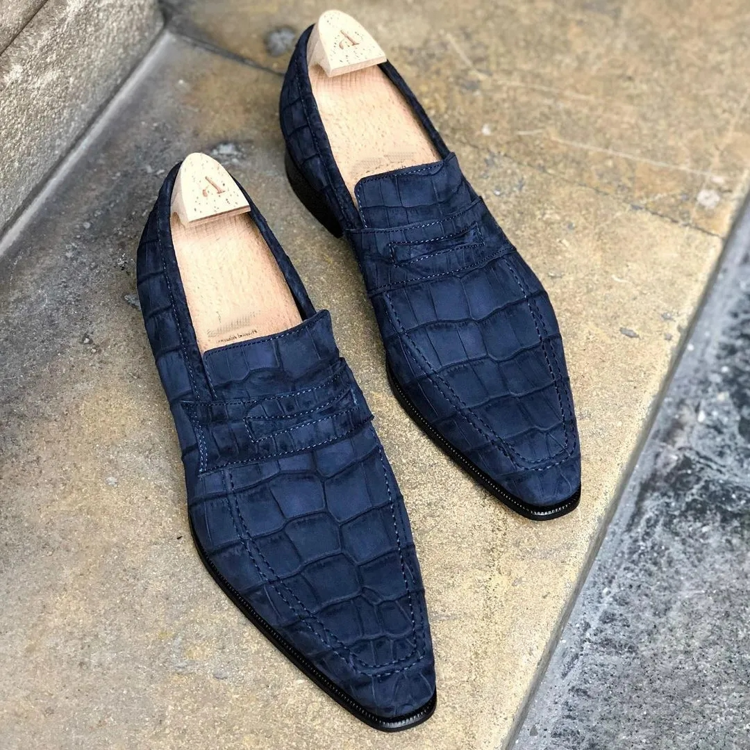 Lincoln Loafer - Night Blue Alligator Nabuck - MTO-(Buy 2 Free Shipping✔️)