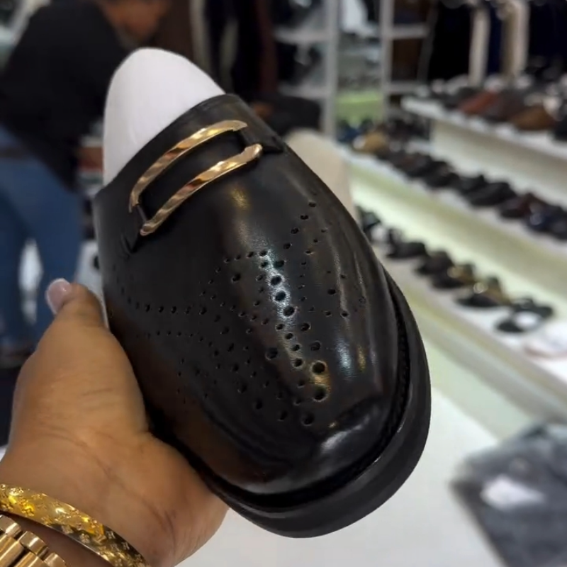 Men's Black Calfskin Perforated Half Slippers