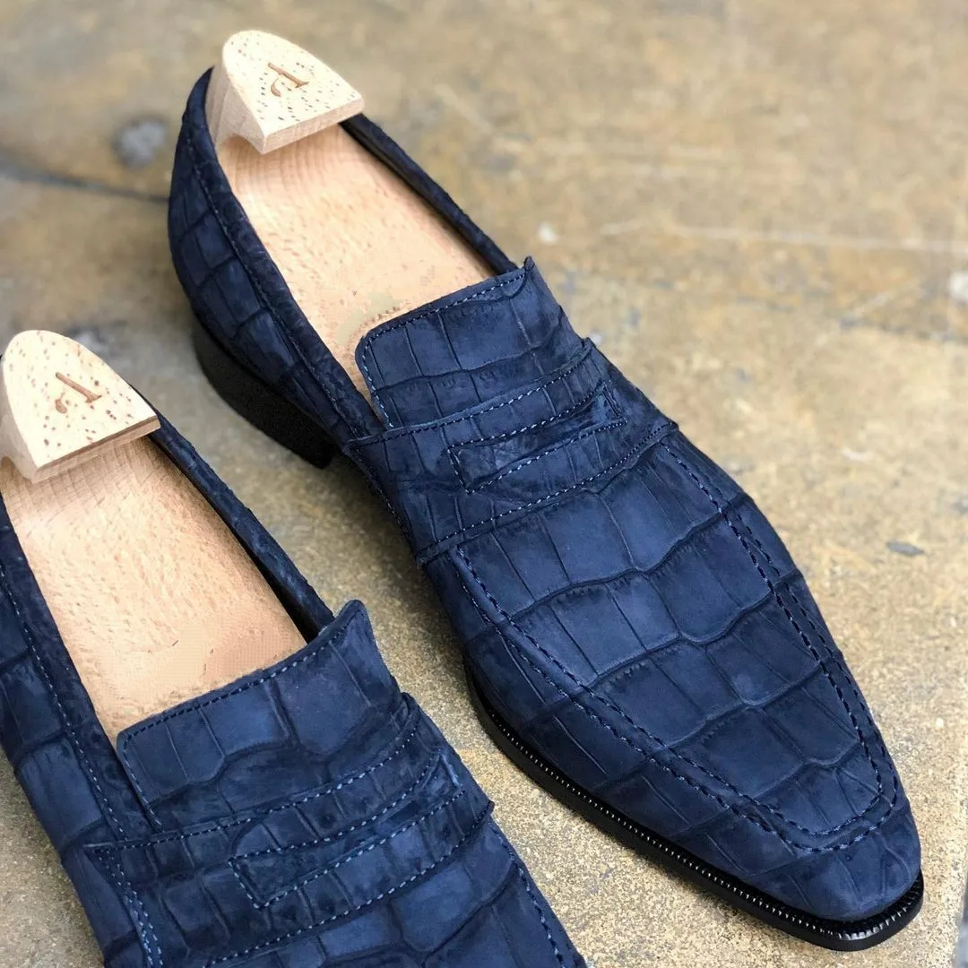 Lincoln Loafer - Night Blue Alligator Nabuck - MTO-(Buy 2 Free Shipping✔️)