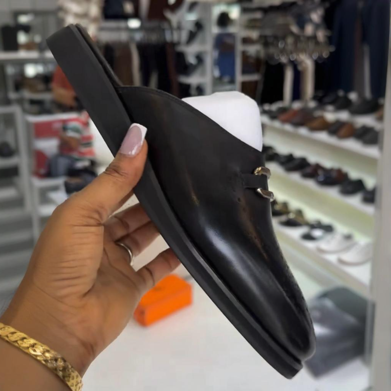 Men's Black Calfskin Perforated Half Slippers