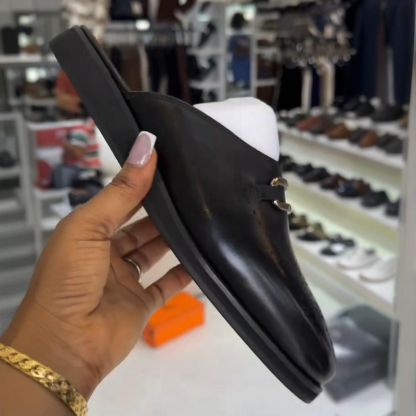 Men's Black Calfskin Perforated Half Slippers