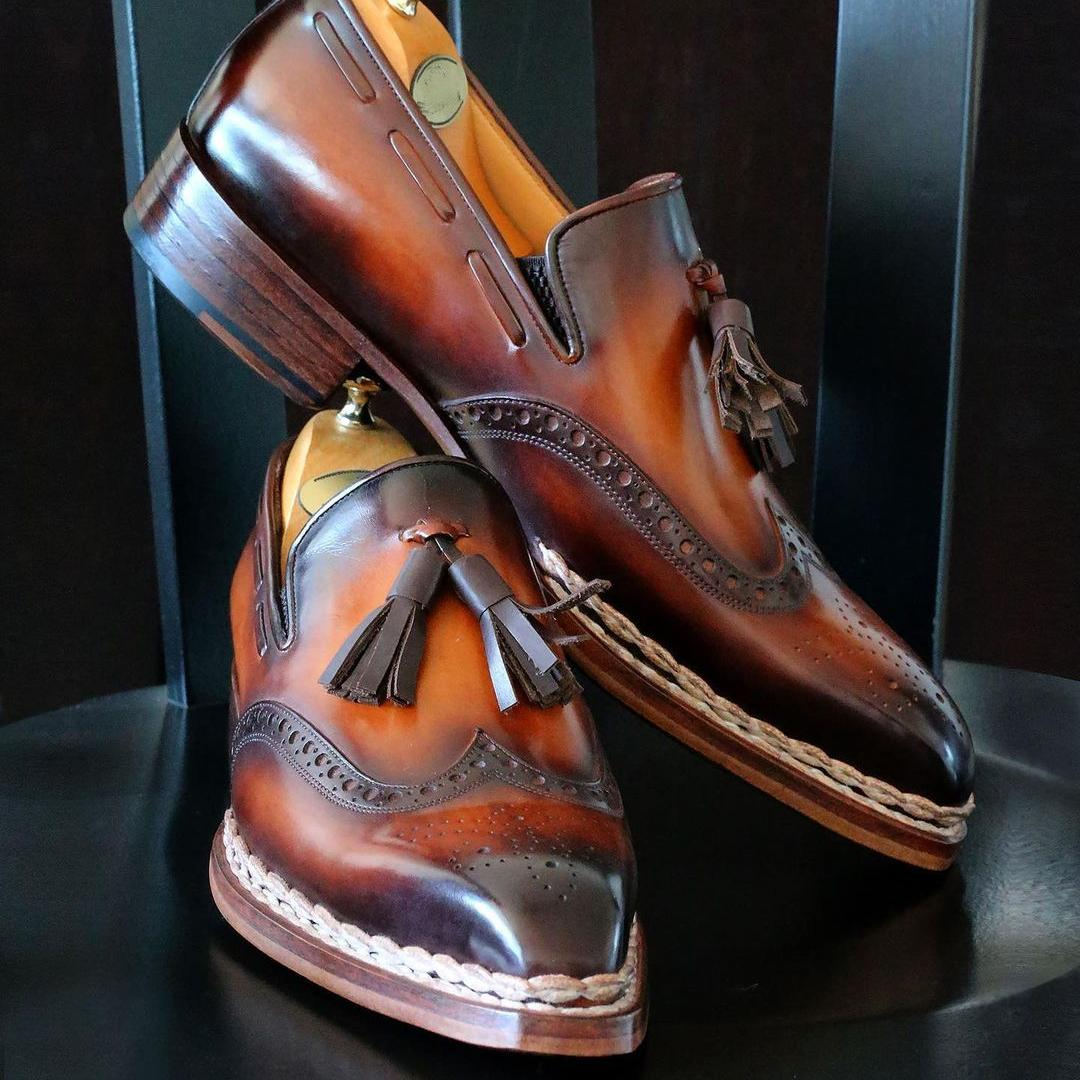 Norwegian Welted Tassel Loafers Brown Burnished.