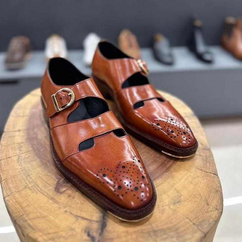 Tan Mirror Glossed Patina Medallion Sandals + Metal Toe