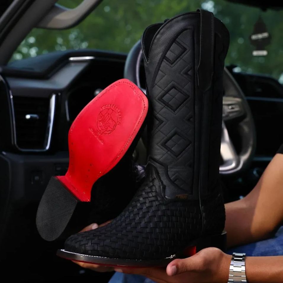 Black Basketweave Leather Boots- Square Toe