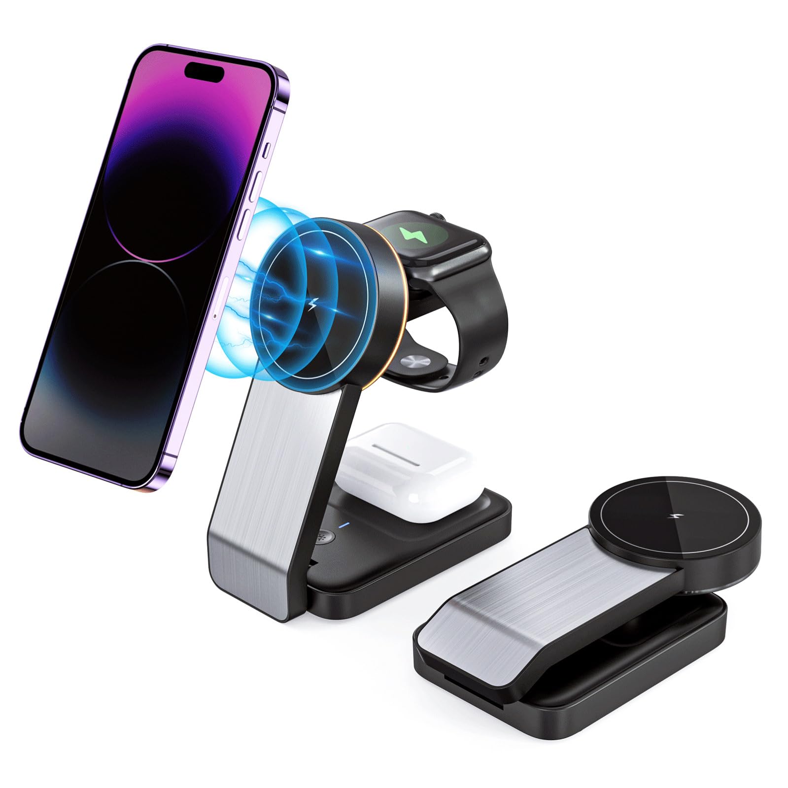 Foldable Magnetic Wireless Charger 3-in-1 Wireless Charging Station for iPhone, Apple Watch, AirPods, Portable Mag-Safe Charger with Light, iPhone 15/14/13/12 Series