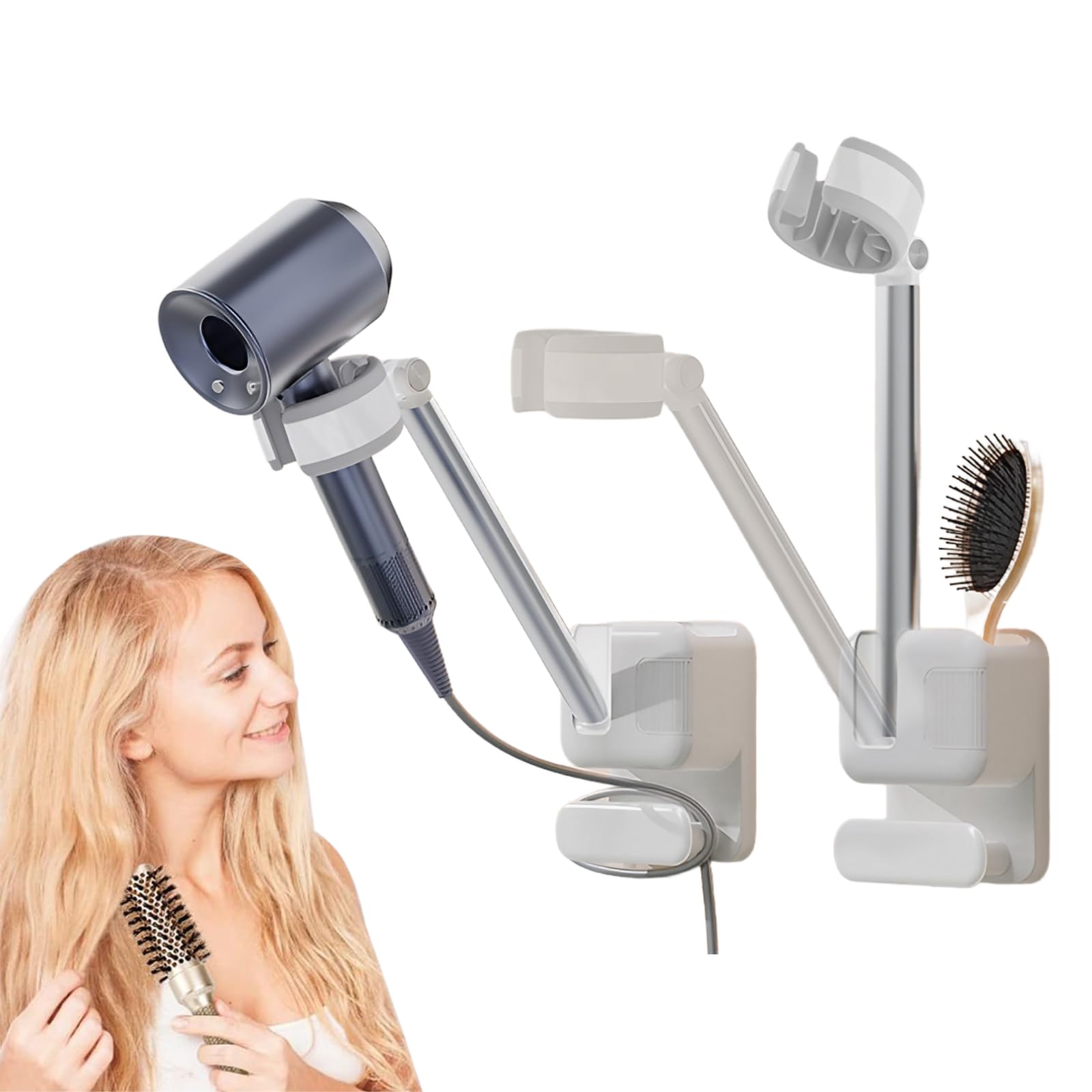 Lazy Hair Dryer Bracket Hands-Free Hair Dryer Holder Adjustable, Bathroom Wall Mount Blow Dryer Holder with Cable Hanger, Firmly Installed on The Wall or Mirror Easy Installation White