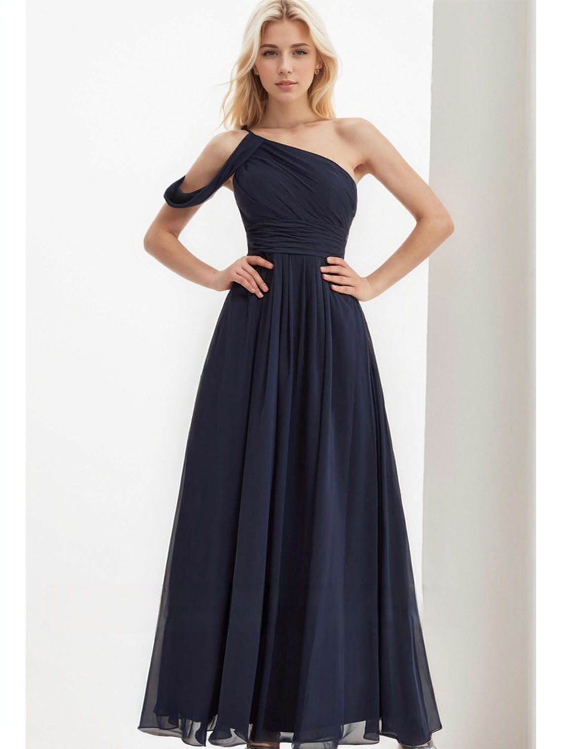Dark Blue Unique One Off Shoulder Party Bridesmaid Dress