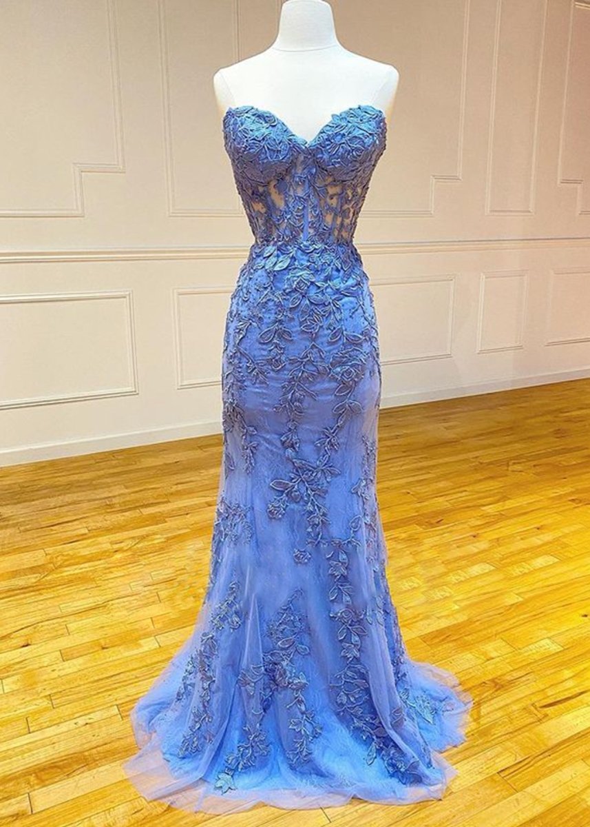 Mermaid Strapless Lace Prom Dresses With Appliques Evening Dresses, product image 11