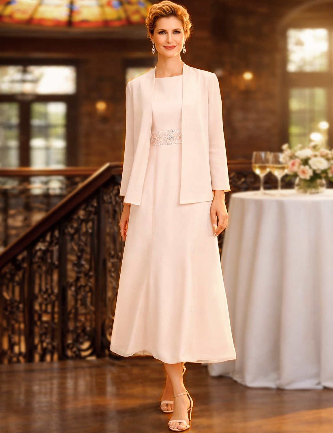 Two Piece Sheath Column Tea Length Wedding Guest Dress Mother of the Bride Dress Elegant Plus Size