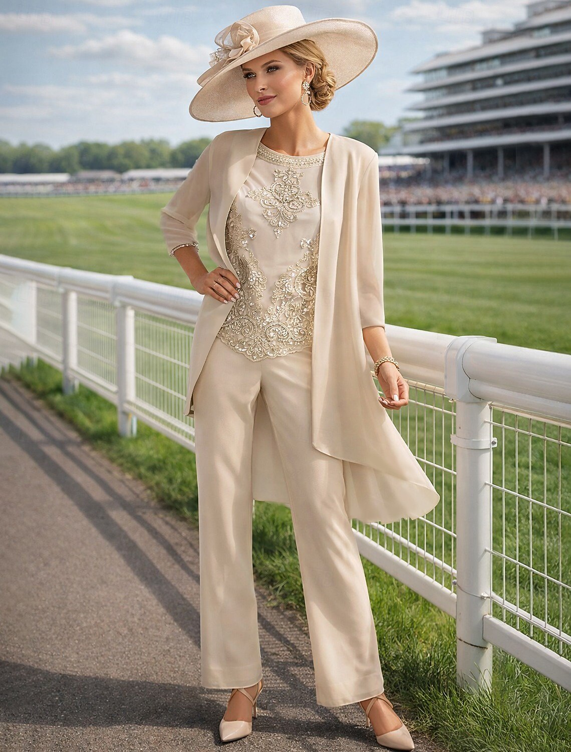 Jumpsuit Pantsuit Floor Length Mother of the Bride Dress 3/4 Length Sleeve Jewel Neck Elegant