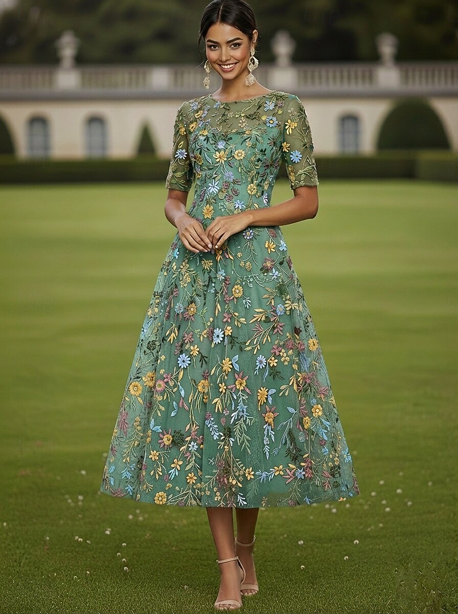 A-Line Tea Length Cocktail Dress Wedding Guest Dress Elegant Casual
