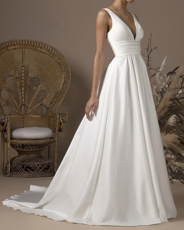 Wedding Dresses A-Line V Neck Sleeveless Satin Bridal Gowns