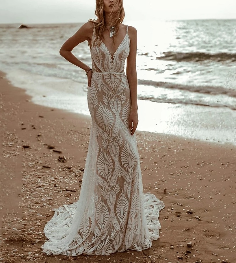 Beach Wedding Vintage Open Back Wedding Dresses Mermaid Camisole V Neck