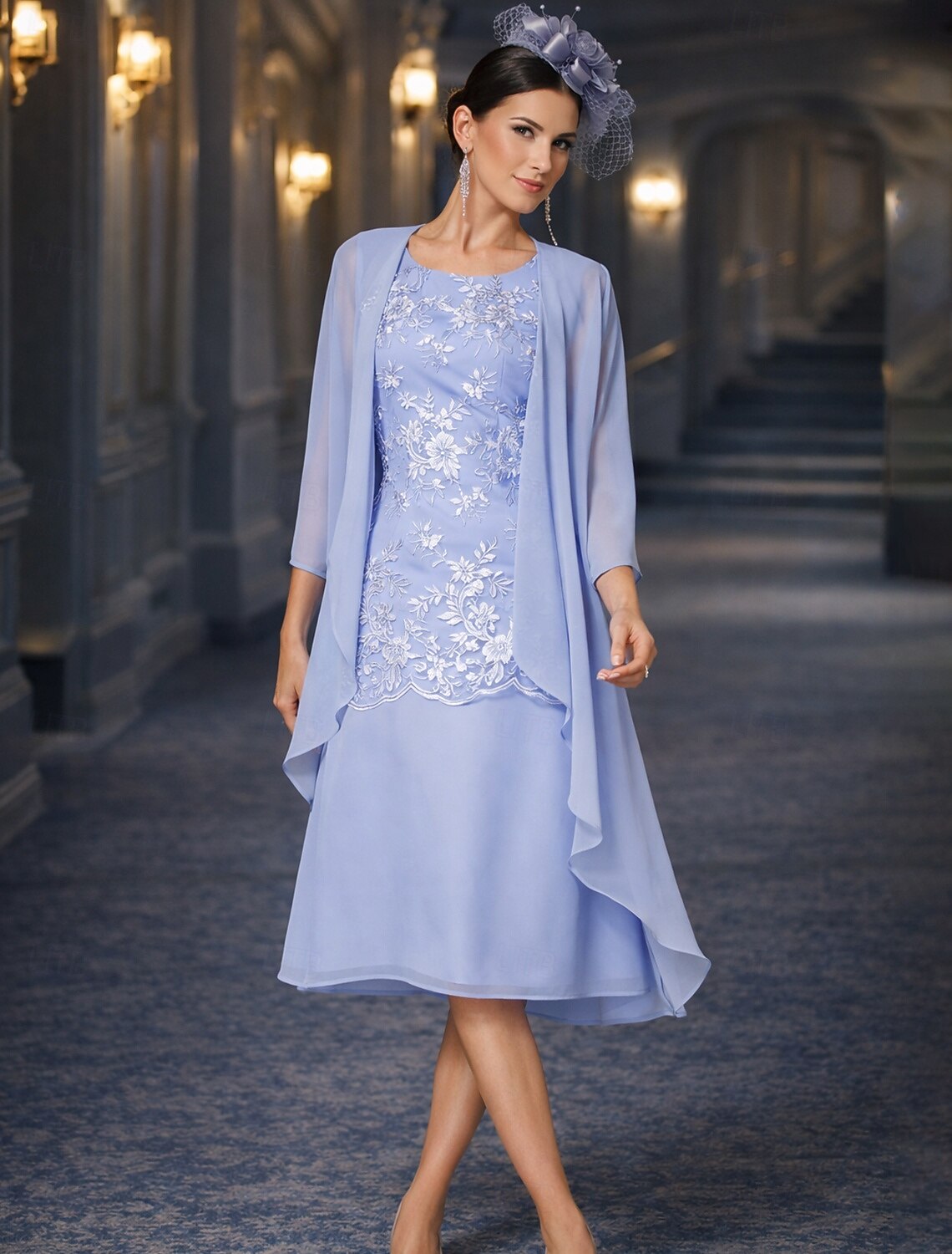 Two Piece Sheath Column Tea Length Wedding Guest Dress Mother of the Bride Dress Sleeveless Jewel Neck