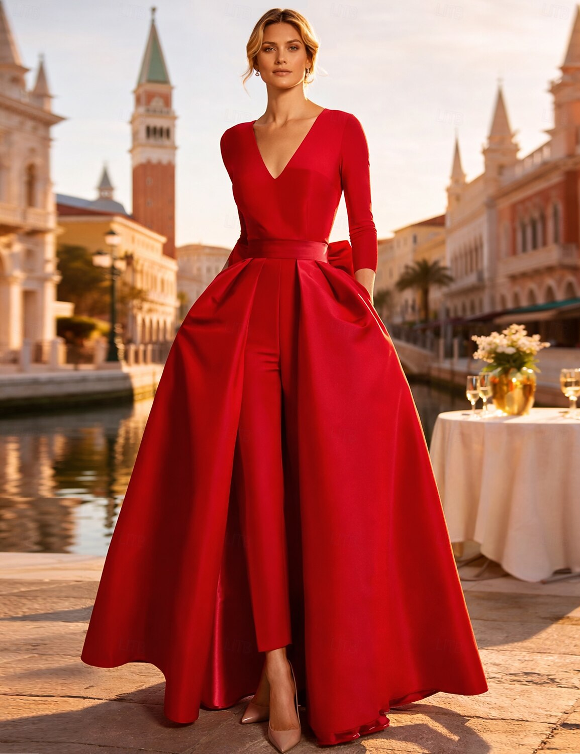 Two Piece Jumpsuits Evening Gown Elegant Floor Length Long Sleeve V Neck