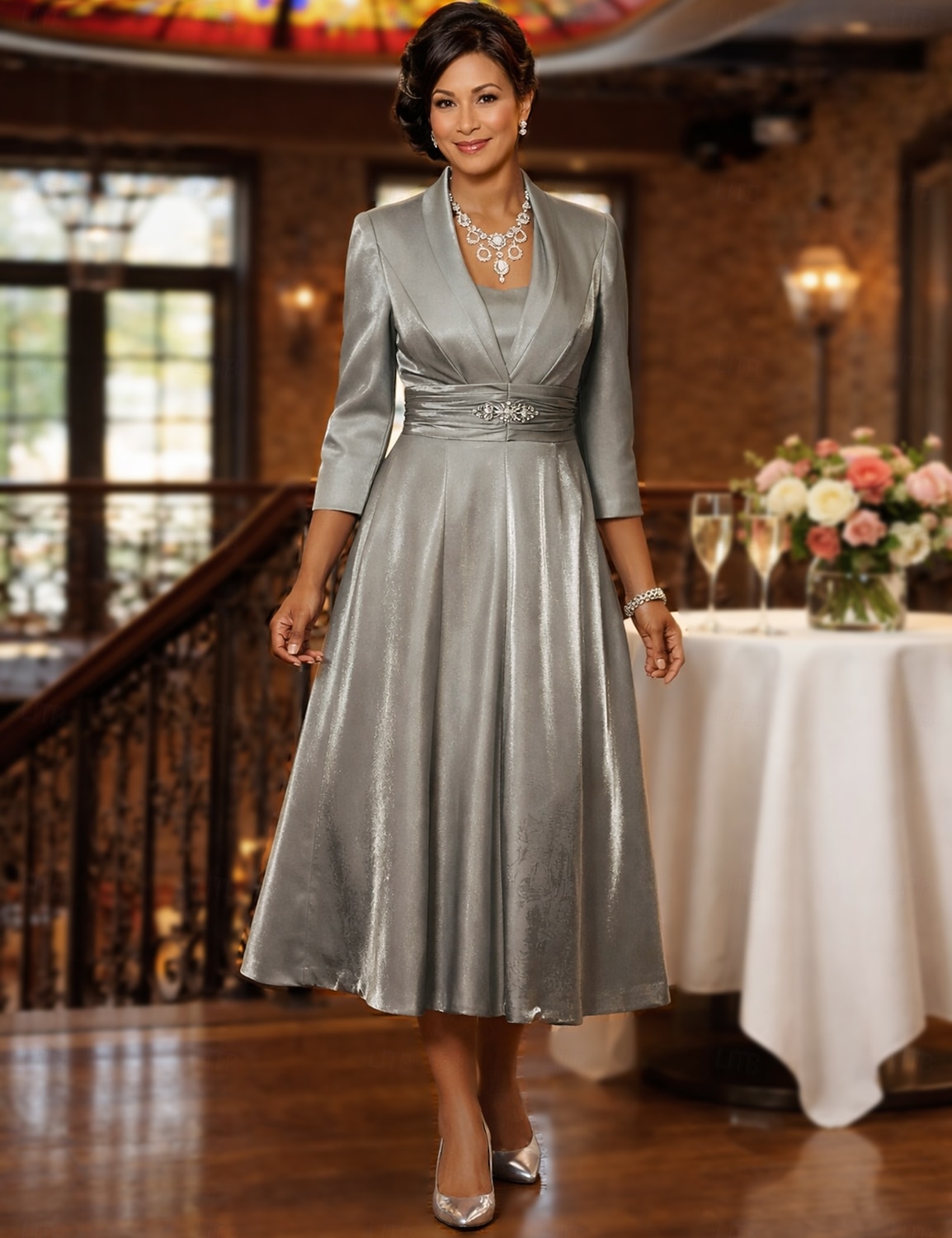 Two Piece A-Line Tea Length Wedding Guest Dress Mother of the Bride Dress Elegant Vintage Plus Size