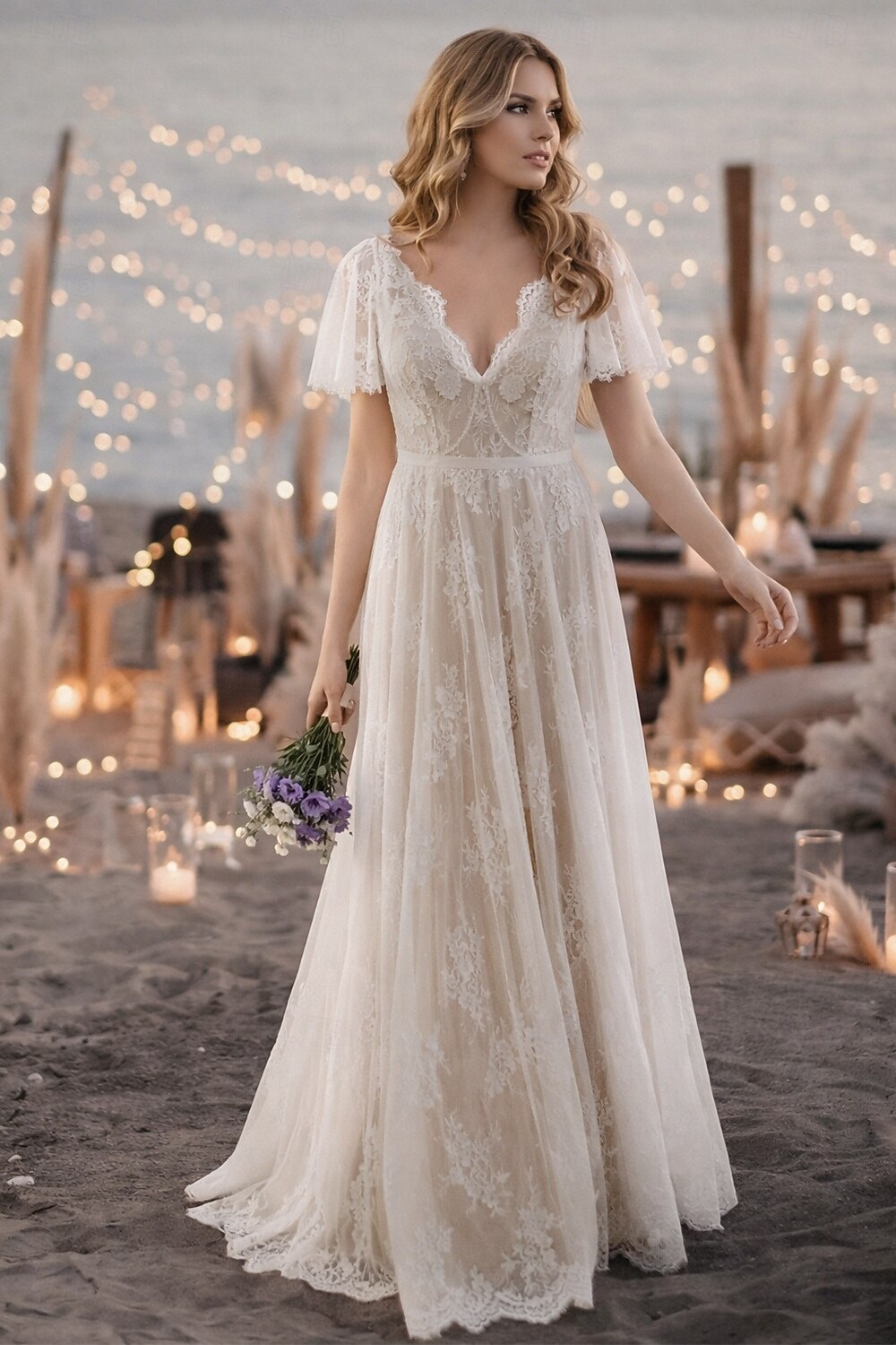 Sexy Wedding Dresses Boho A-Line V Neck Short Sleeve Lace Bridal Gowns