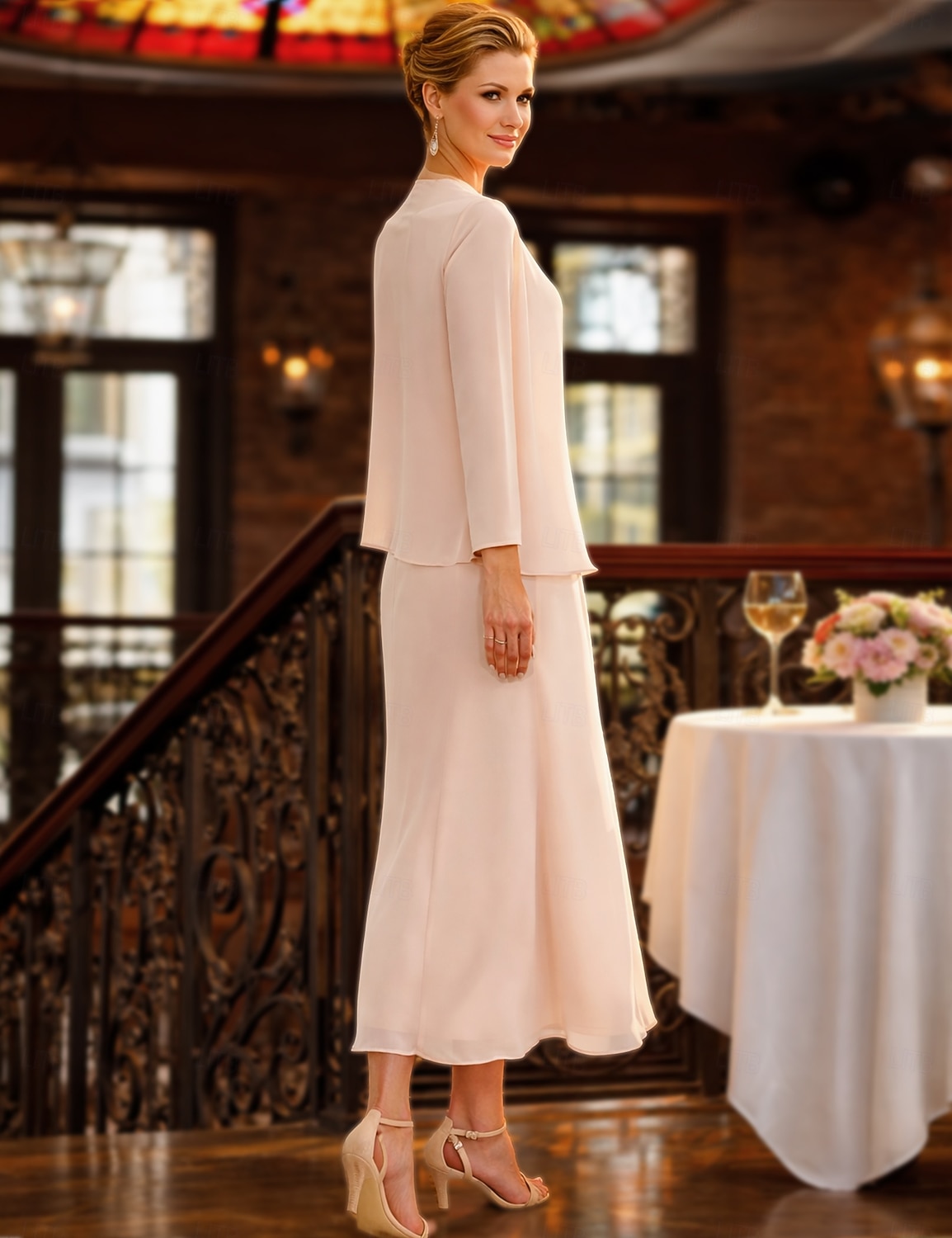 Two Piece Sheath Column Tea Length Wedding Guest Dress Mother of the Bride Dress Elegant Plus Size