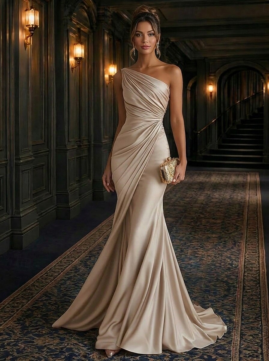 Mermaid Trumpet Court Train Evening Gown Elegant Sleeveless One Shoulder