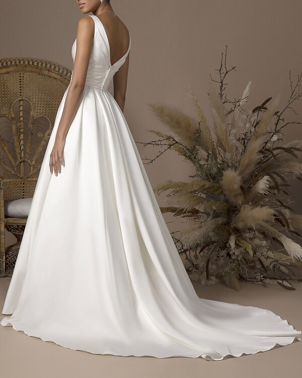 Wedding Dresses A-Line V Neck Sleeveless Satin Bridal Gowns