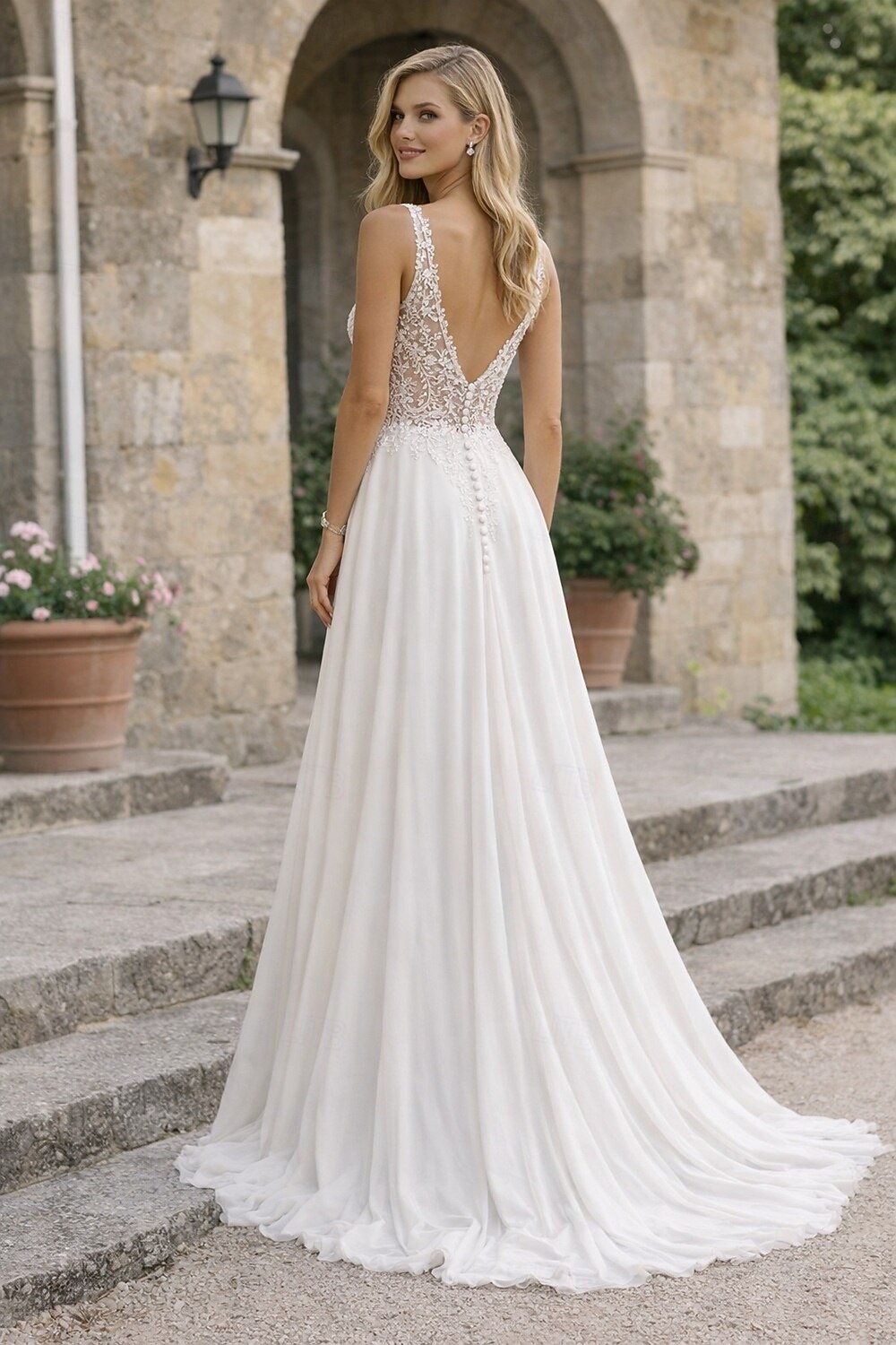 Wedding Dresses A-Line V Neck Sleeveless Floor Length Chiffon Bridal Gowns