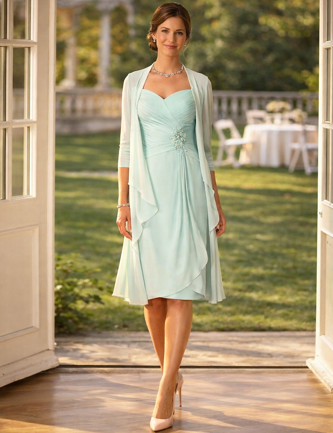 Two Piece Sheath Column Knee Length Wedding Guest Dress Mother of the Bride Dress