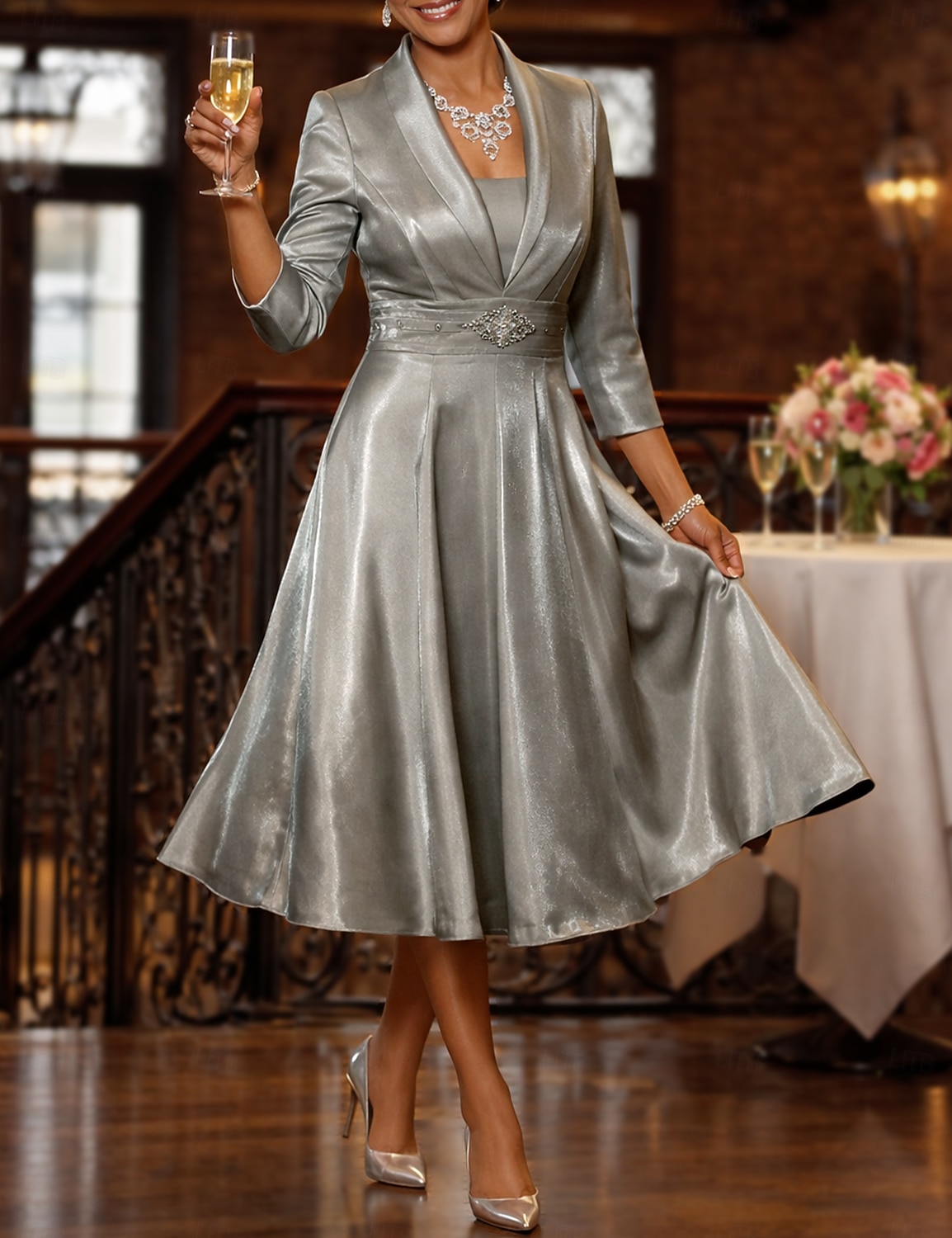 Two Piece A-Line Tea Length Wedding Guest Dress Mother of the Bride Dress Elegant Vintage Plus Size