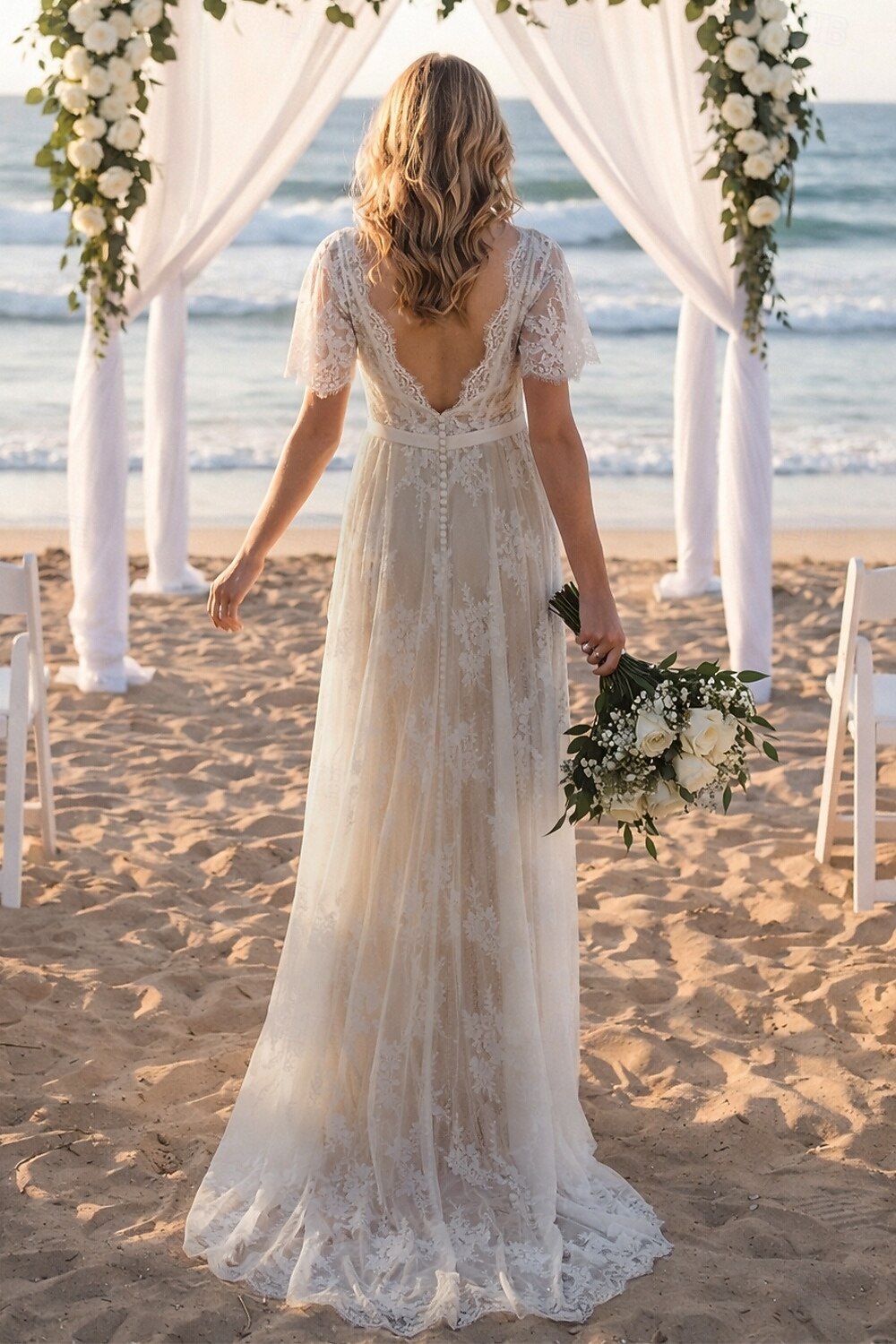 Sexy Wedding Dresses Boho A-Line V Neck Short Sleeve Lace Bridal Gowns